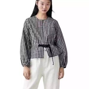 Zara Gingham Linen Blend Puff sleeve zipper jacket black and white size: M